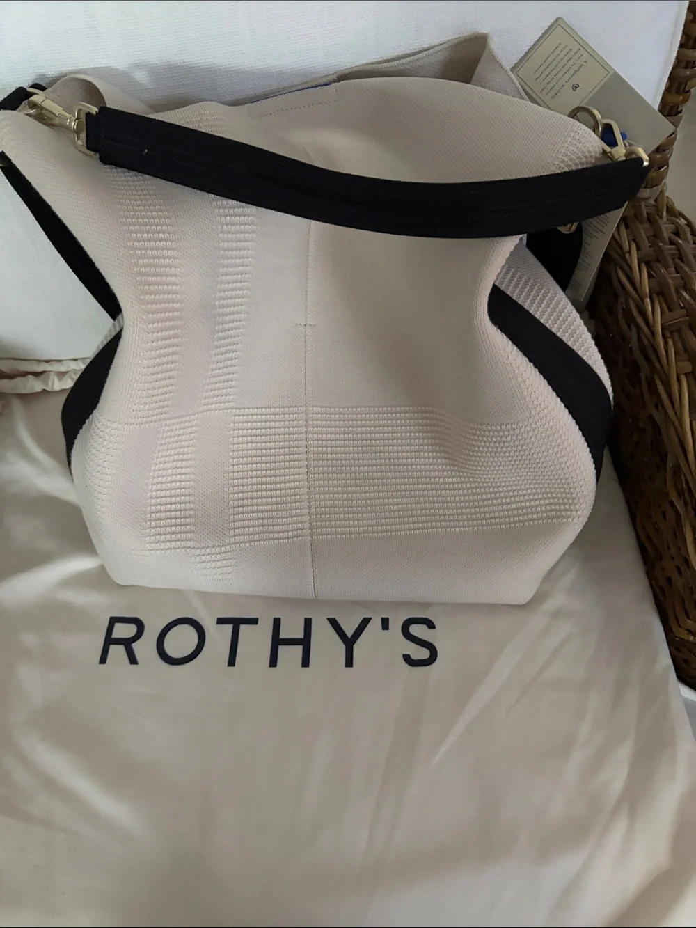 Rothy's Cream Knit Shoulder Hobo with Black Strap and Tags